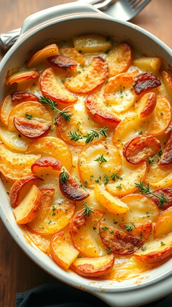 Golden-brown potato gratin with bubbling cheese, served in a rustic dish on a wooden table.